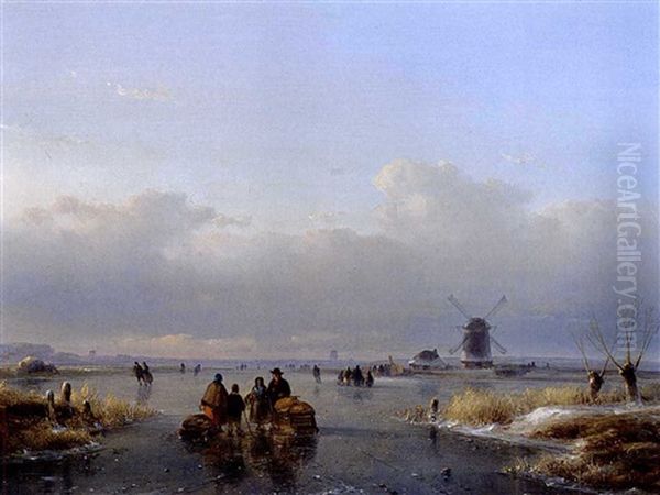 Figures On A Frozen Waterway, A Koek En Zopie In The Distance Oil Painting by Lodewijk Johannes Kleijn