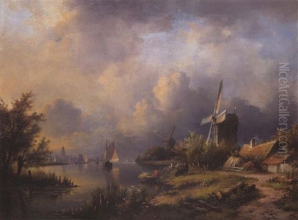 Hollandische Fluslandschaft Mit Fischern Oil Painting by Lodewijk Johannes Kleijn