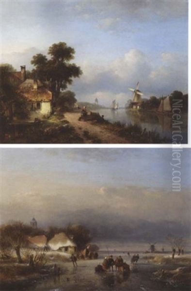 A Summer Landscape With Figures On A Riverbank Oil Painting by Lodewijk Johannes Kleijn