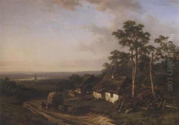 Geldersch Landschap: A Panoramic River Landscape With Farmers Returning Home Oil Painting by Lodewijk Johannes Kleijn