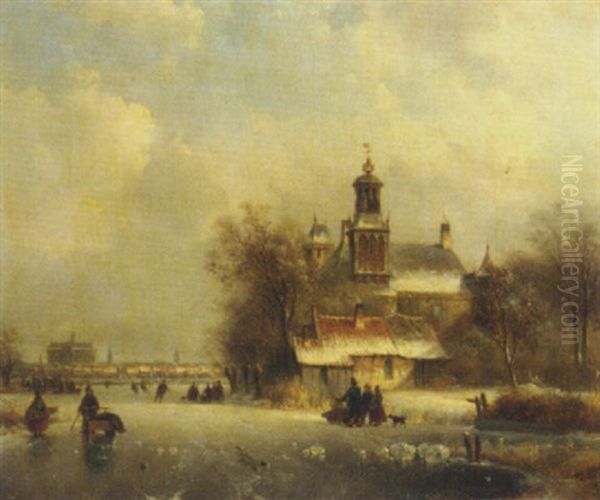 Numerous Skaters On The Ice By A Church On The Ice By A Church, A Koek And Zopie And A Sunlit Town In The Distance Oil Painting by Lodewijk Johannes Kleijn