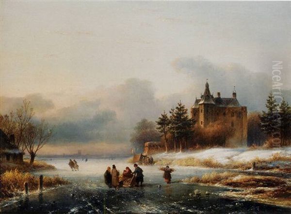 Villagers Conversing On The Ice, A Mansion Beyond Oil Painting by Lodewijk Johannes Kleijn