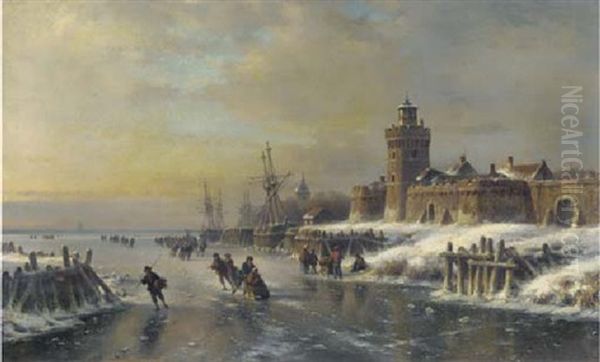 Skaters On A Frozen Estuary By A Fortified Town Oil Painting by Lodewijk Johannes Kleijn