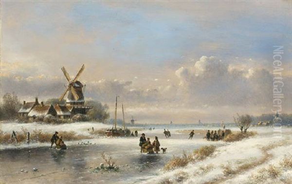 A Winter Landscape With Skaters On A Frozen River Oil Painting by Lodewijk Johannes Kleijn