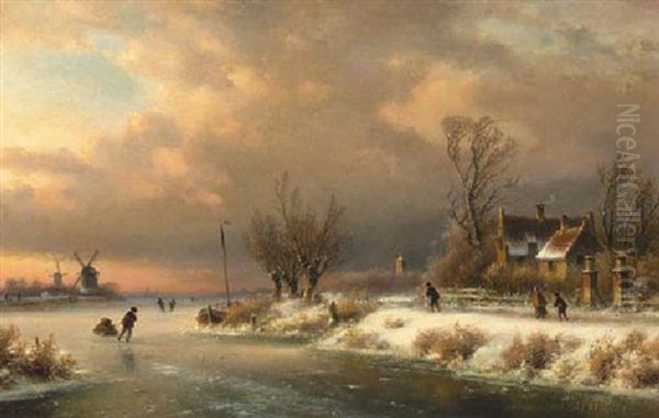 A Snow-covered Landscape With Sakters On A Frozen Waterway Oil Painting by Lodewijk Johannes Kleijn