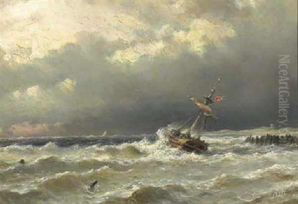 A Sailing Vessel Caught In A Storm Off The Coast Oil Painting by Lodewijk Johannes Kleijn