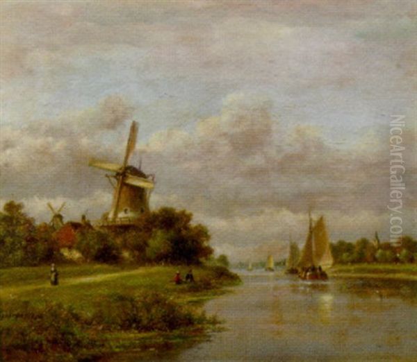 A Summer Landscape With Vessels On A River Oil Painting by Lodewijk Johannes Kleijn