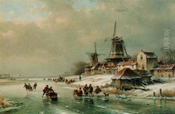 A Winter Landscape With Figures On A Frozen River Oil Painting by Lodewijk Johannes Kleijn