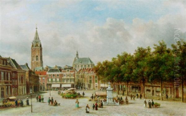 A Flowermarket On The Het Plein, The Hague Oil Painting by Lodewijk Johannes Kleijn