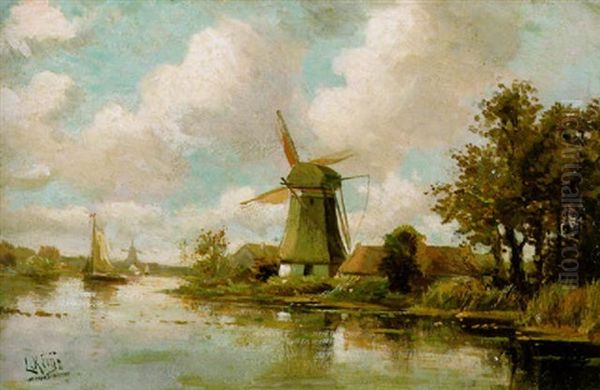 Dorf Mit Windmuhle An Einem Hollandischen Flus Oil Painting by Lodewijk Johannes Kleijn