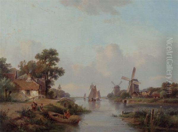 An Extensive River Landscape With Windmills And Sailingvessels Oil Painting by Lodewijk Johannes Kleijn