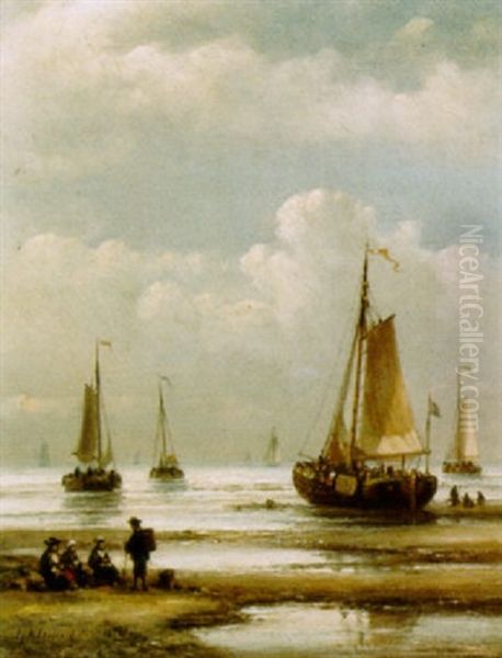 Bomschuiten And Fisherfolk On The Beach Oil Painting by Lodewijk Johannes Kleijn