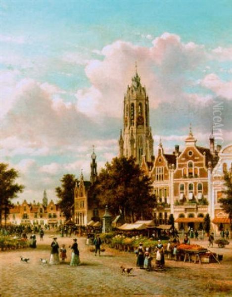 A View Of The Flower Market, Deventer Oil Painting by Lodewijk Johannes Kleijn