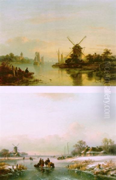 A Summer Landscape With Sailing Vessels By A Mill Oil Painting by Lodewijk Johannes Kleijn