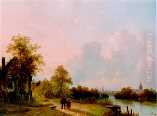 Figures By An Inn In A River Landscape Oil Painting by Lodewijk Johannes Kleijn