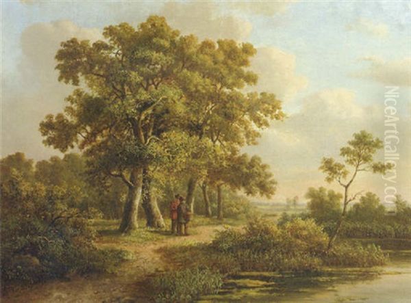 A Wooded Landscape With Travellers Along A Waterway Oil Painting by Lodewijk Johannes Kleijn