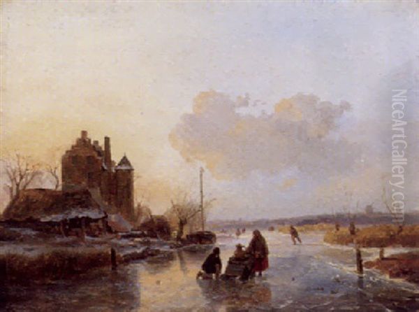 Winterlandschaft Mit Schlittschuhlaufern Bei Dammerung Oil Painting by Lodewijk Johannes Kleijn