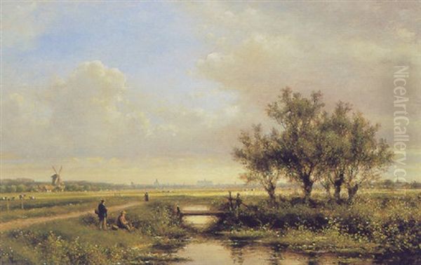 Anglers In A Summer Landscape Near Haarlem Oil Painting by Lodewijk Johannes Kleijn