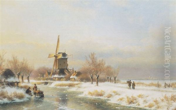 A Mill In A Winter Landscape Oil Painting by Lodewijk Johannes Kleijn