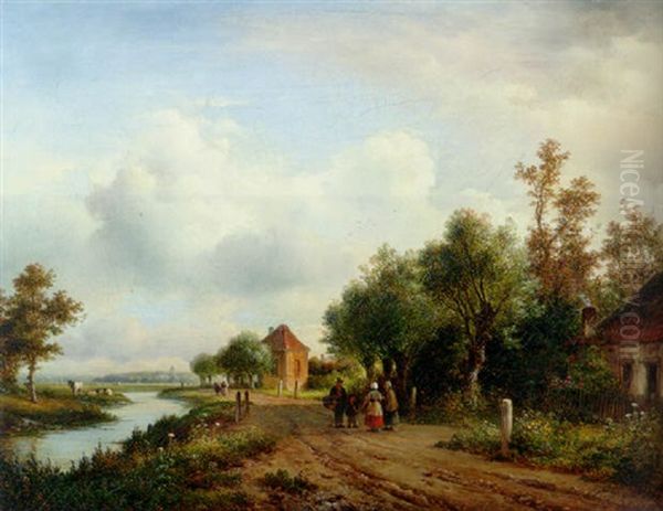 Peasants Conversing On A Sandy Trail Along A Waterway, A Town In The Distance Oil Painting by Lodewijk Johannes Kleijn