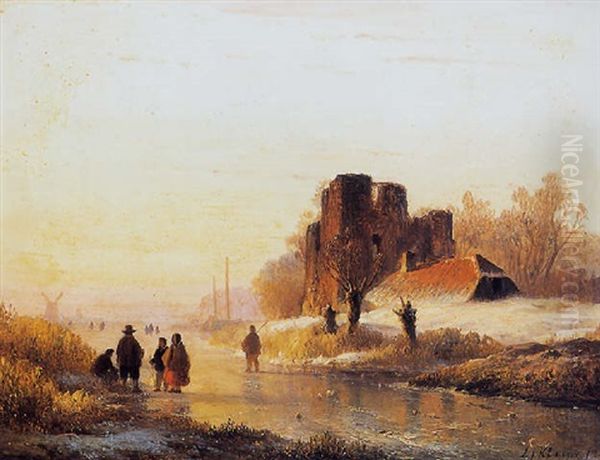 Figuren Op Een Bevroren Rivier Oil Painting by Lodewijk Johannes Kleijn