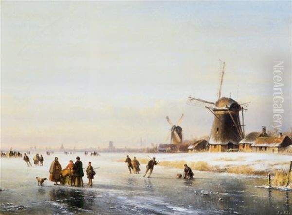 Winterlandschap Met Rechts Een Molen Oil Painting by Lodewijk Johannes Kleijn