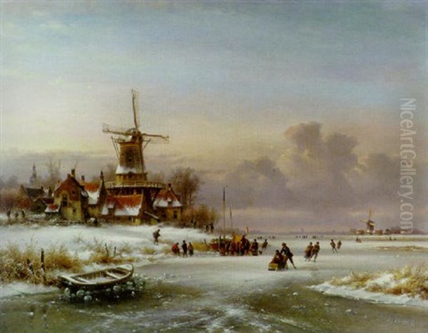 A Winter Landscape With Figures On A Frozen River By A Windmill Oil Painting by Lodewijk Johannes Kleijn