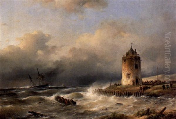 A Coastal Scene Oil Painting by Lodewijk Johannes Kleijn