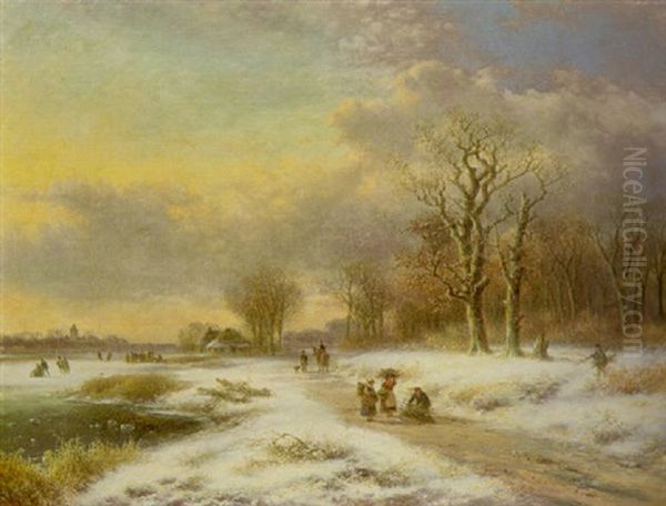 Hollandische Winterlandschaft Mit Reisigsammlern Und Schlittschuhlaufern Oil Painting by Lodewijk Johannes Kleijn