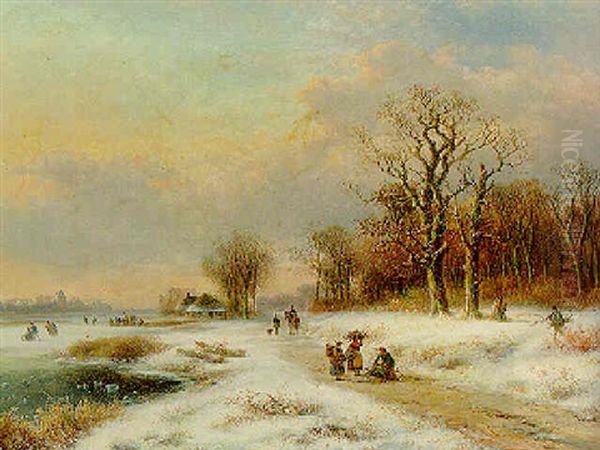 Winter: Kindling Gatherers On A Wooden Path Oil Painting by Lodewijk Johannes Kleijn