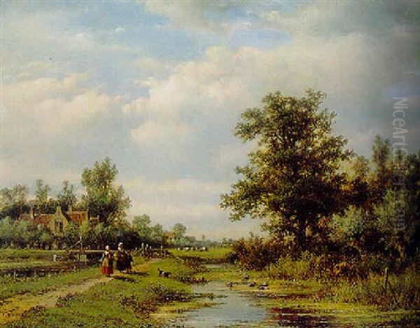 Peasants On A Sandy Track Along A Ditch In Summer Oil Painting by Lodewijk Johannes Kleijn