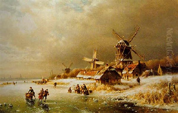 A Winter Landscape With Skaters Near A Mill Oil Painting by Lodewijk Johannes Kleijn