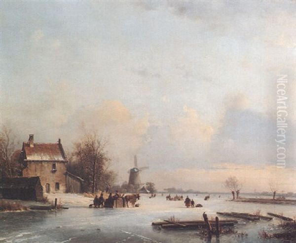 Skaters And Figures With A Horse And Sled On A Frozen River by Lodewijk Johannes Kleijn