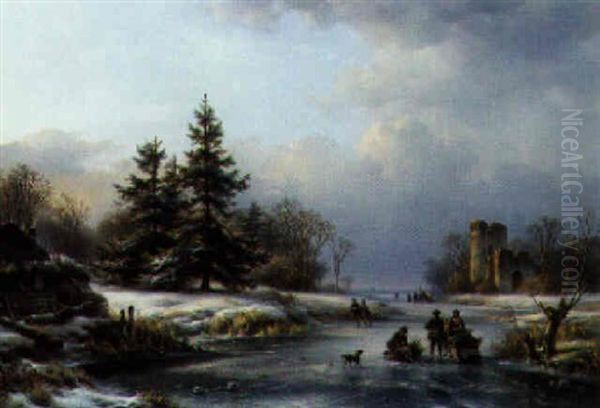 A Dutch Winter Landscape With Faggot Gatherers Oil Painting by Lodewijk Johannes Kleijn