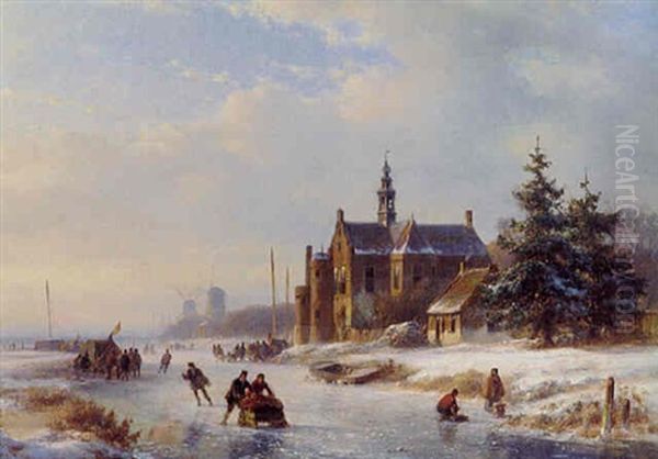 Skaters On A Frozen River By A Mansion, Koek En Zopie Booths Beyond Oil Painting by Lodewijk Johannes Kleijn