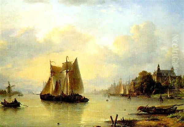 Moored Barges In A Dutch Estuary Oil Painting by Lodewijk Johannes Kleijn