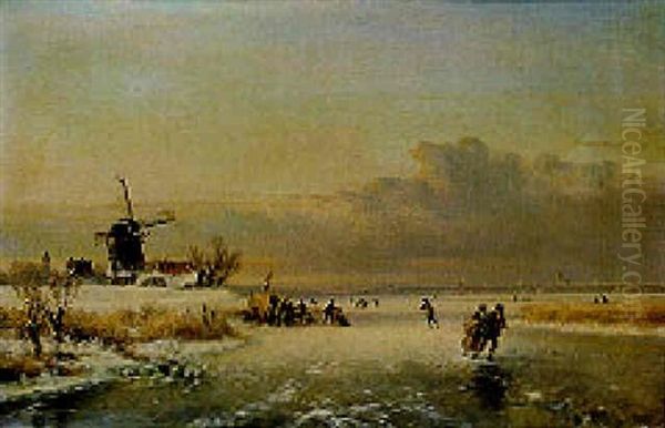 Winter: Skaters On Frozen Waterway Along A Wind-mill Oil Painting by Lodewijk Johannes Kleijn