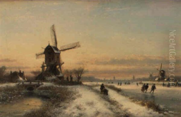 Skaters On A Frozen Canal Before Windmills Oil Painting by Lodewijk Johannes Kleijn