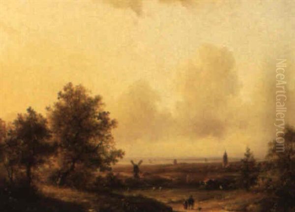 An Extensive Summer Landscape With Figures And Cattle In The Dunes Oil Painting by Lodewijk Johannes Kleijn