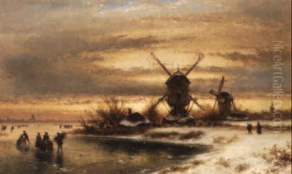 A Winter Landscape With Mills And Skaters With Sledges On Frozen Water Oil Painting by Lodewijk Johannes Kleijn