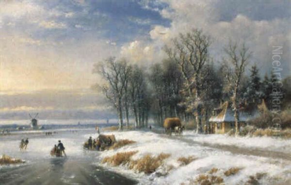 A Wooded Winter Landscape With Several Skaters And A Koek En Zopie Oil Painting by Lodewijk Johannes Kleijn