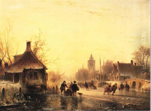 Numerous Figures On A Frozen River Oil Painting by Lodewijk Johannes Kleijn