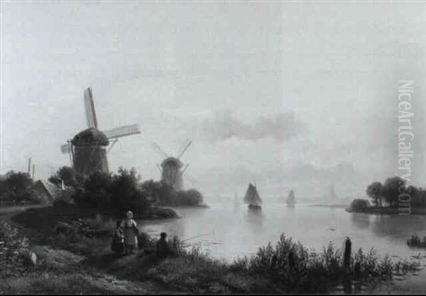 River Landscape With Anglers By A Mill Oil Painting by Lodewijk Johannes Kleijn