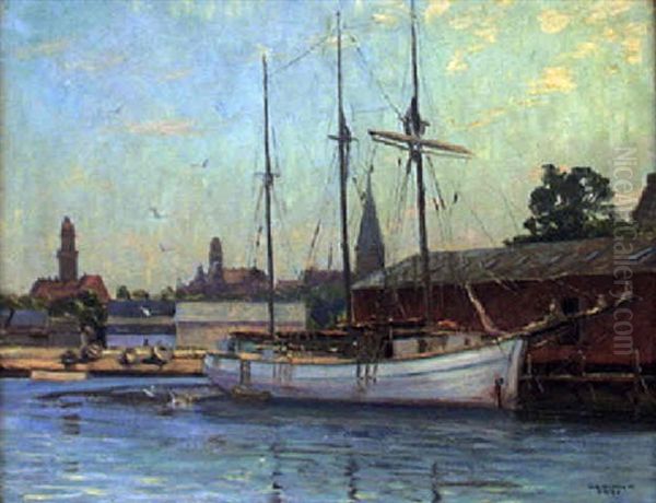 Skuta Vid Kaj, Malmo Hamn Oil Painting by Axel Kleimer