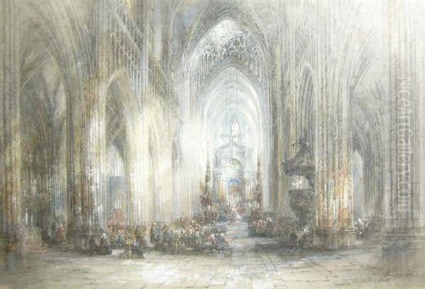 Antwerp Cathedral; An Interior Withmany Figures Oil Painting by Wyke Bayliss