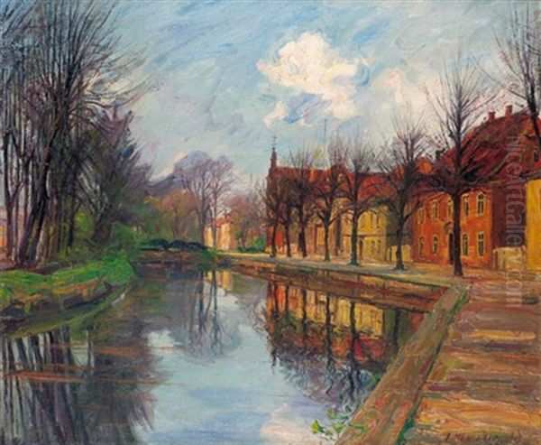 Ansicht Von Oldenburg Mit Hausern An Einem Kanal (die Huntestrase) Oil Painting by Julian Klein Von Diepold