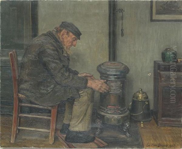 Stubeninterieur Mit Sich An Einem Ofen Warmendem Fischer Oil Painting by Leopold Klein von Diepold