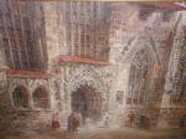 Large Architectural Study Of A Gothic Church Exterior, Withwedding Party Emerging To Foreground Oil Painting by Wyke Bayliss