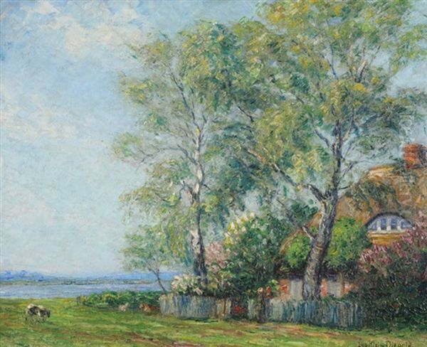 Haus In Bluhendem Garten Mit Weide Und Blick In Die Ferne Uferlandschaft Oil Painting by Leopold Klein von Diepold