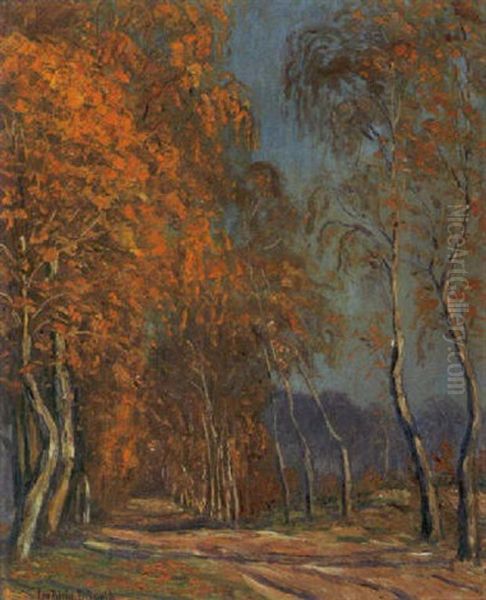 Der Konigsweg Bei Nikolassee - Birkenallee In Der Herbstonne Oil Painting by Leopold Klein von Diepold